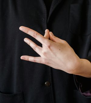 Detailed view of hands in a mudra position.